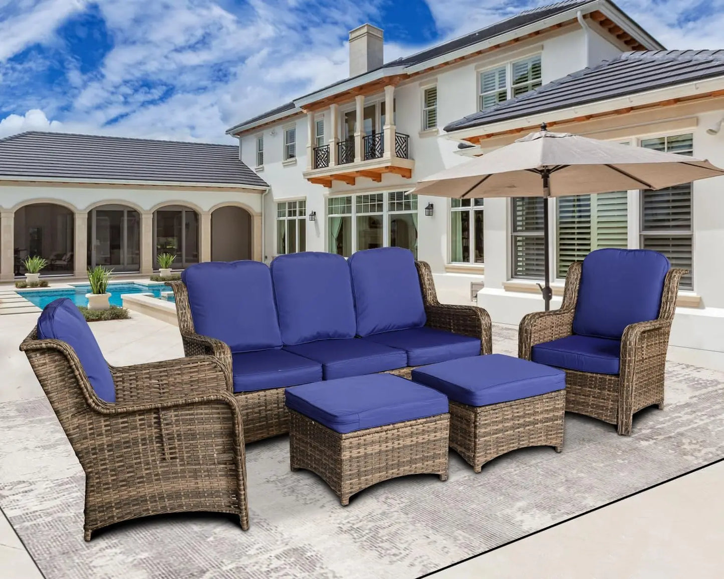 Rattan Outdoor Combination Reception Set, Terrace Furniture, 3 Outdoor Sofas, 2 Single Chairs, 2 Footstools