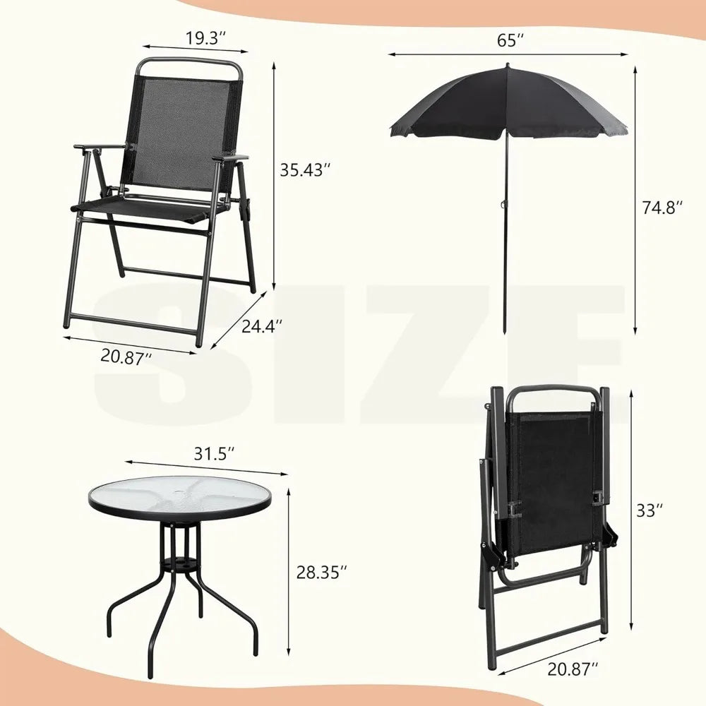 6 Piece Patio Dining Set, Small Metal Outdoor Garden Patios Table and Chair with Umbrella, Folding Patio Dining Set