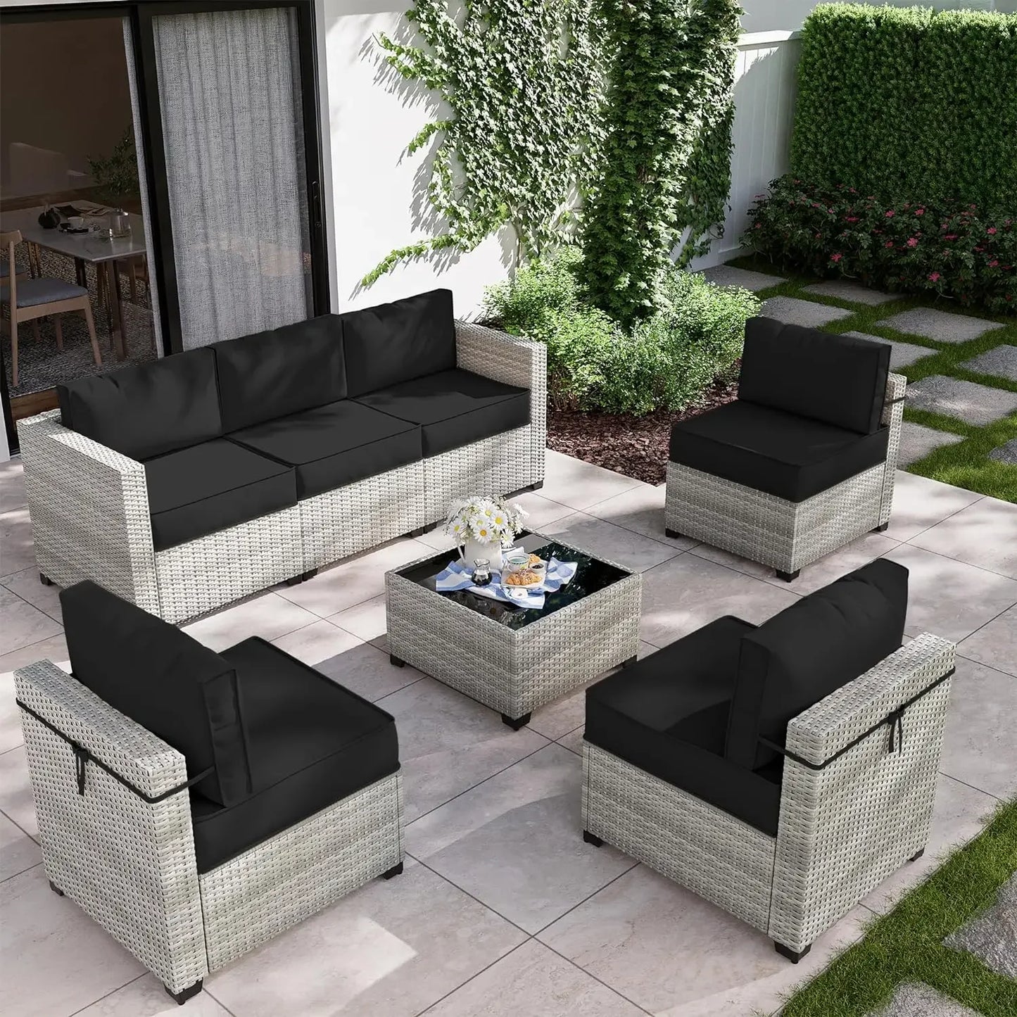 8-Piece Patio Furniture Set With Fire Pit Table, Seat Cushions Light Grey Outdoor Modular Wicker Conversation Set