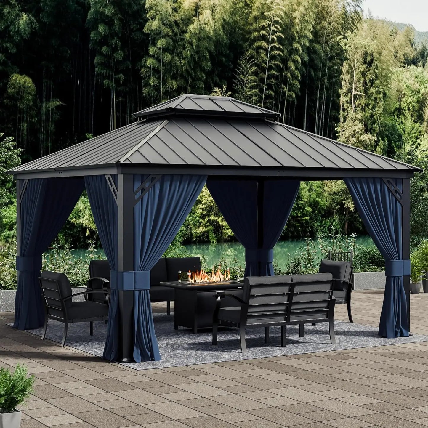 12x20ft Hardtop Gazebo Double Roof, Outdoor Pavilion with 2-Layer Hard top Galvanized Iron Frame Garden Tent