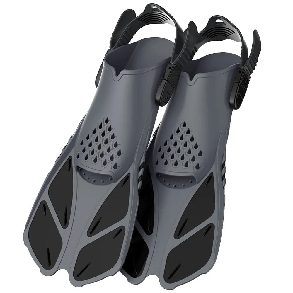 Snorkel Fins Adjustable Buckles Swimming Flippers Short Silicone Scuba Diving Shoes Open Heel Travel Size Adult Men Womens