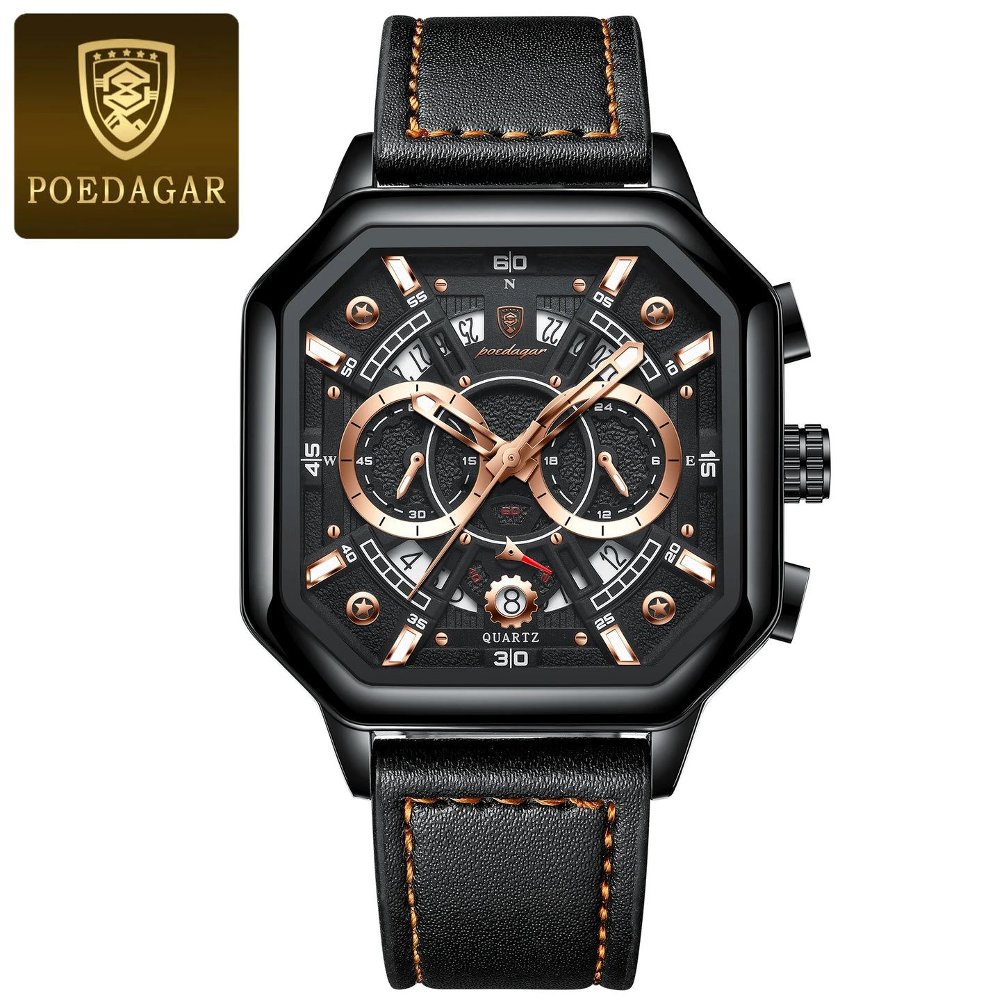 POEDAGAR Luxury Chronograph Square Man Watch Waterproof Luminous Date Men Watch Sports Leather Men's Watches Quartz Reloj Hombre