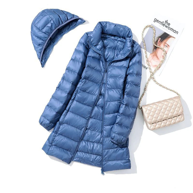 0-10℃ Women Hood Detachable Puffer Jackets 2024 Autumn Winter Portable Hooded Duck Down Coat Double Zipper Windproof Parkas 7XL