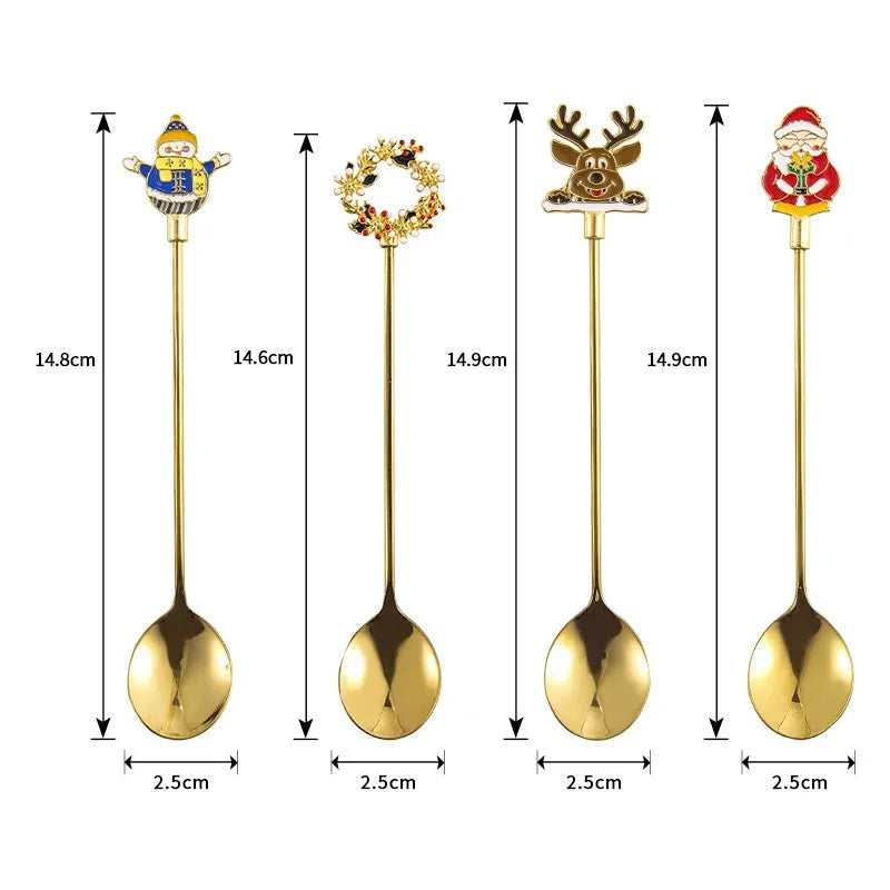 4PCS 304 Stainless Steel Golden Cutlery Christmas Cutlery Coffee Stirring Spoon Christmas Gift Santa Dessert Spoon Kitchenware