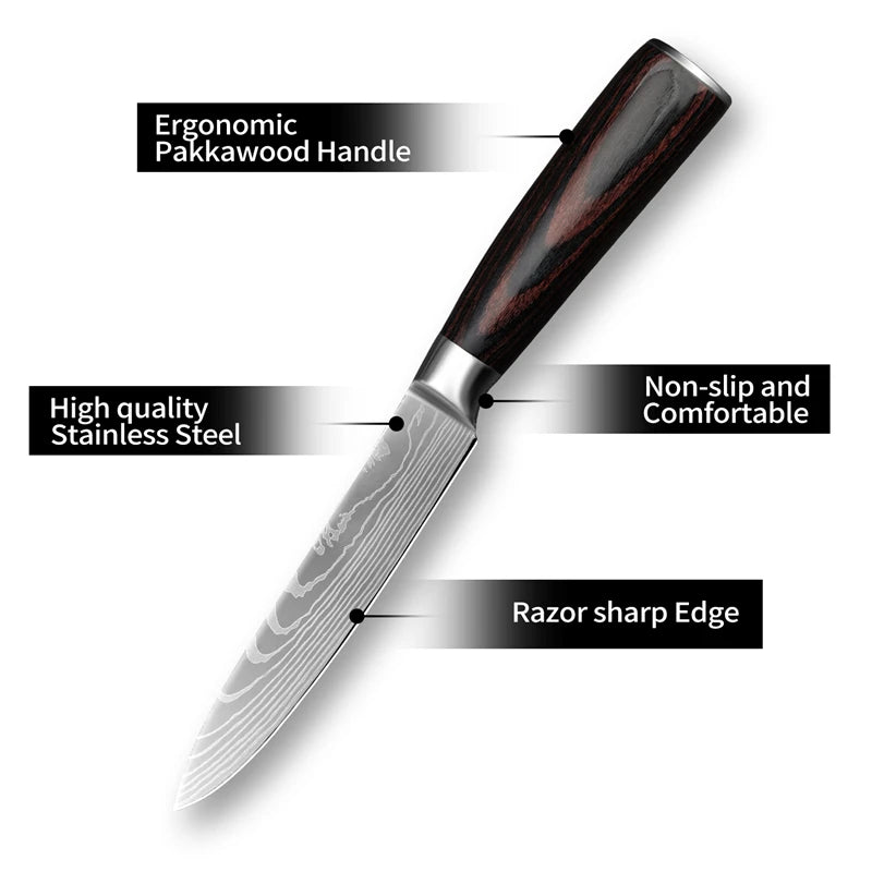 Utility Knife, 5 Inch Fruit Knife, Chef's Knife, With ergonomic colorful wooden handle for cooking meats, fruits and vegetables