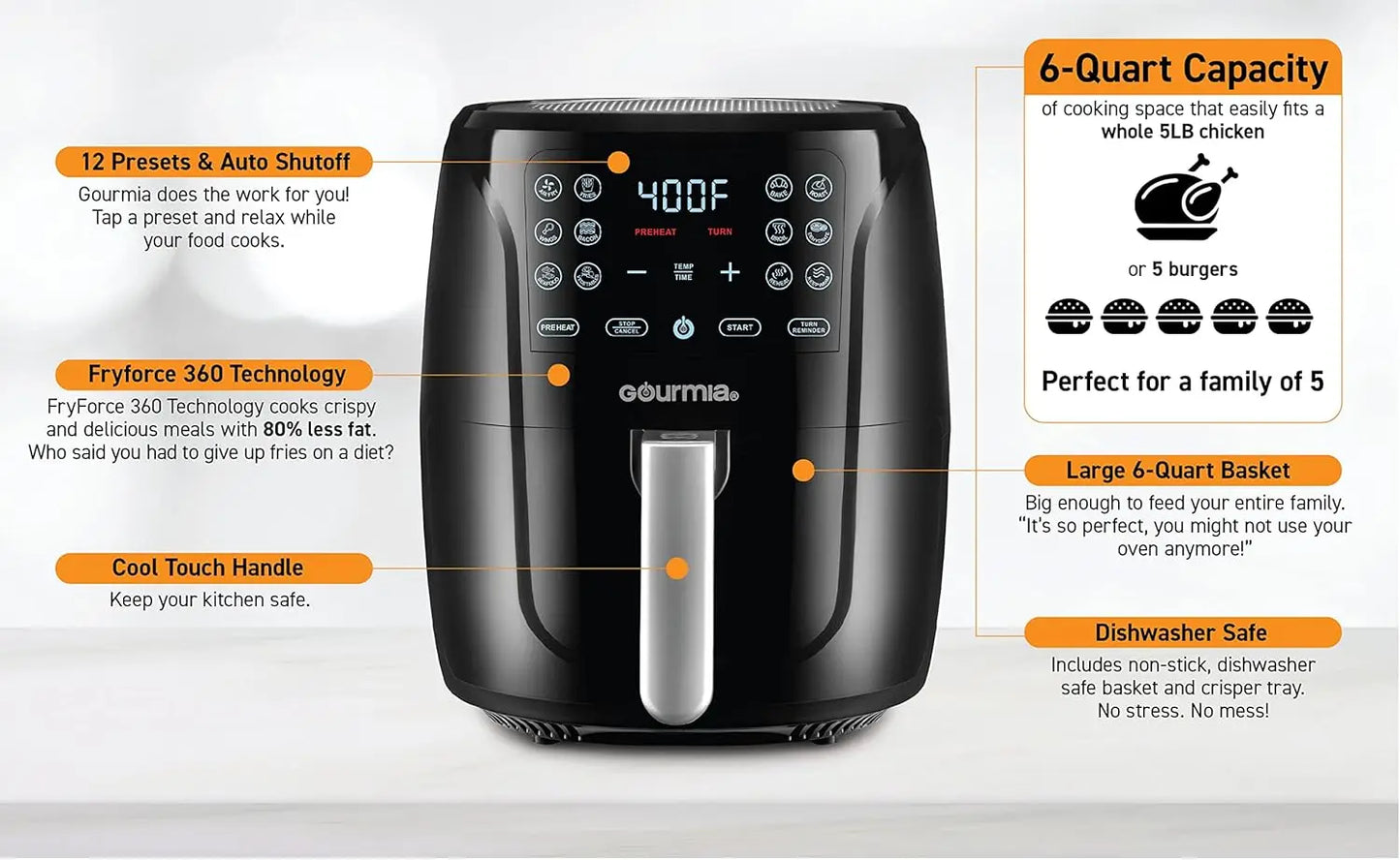 Air Fryer Oven Digital Display 6 Quart Large AirFryer Cooker 12 1-Touch Cooking Presets, XL Air Fryer Basket 1500w Power Multifu