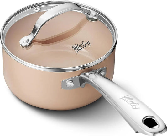 HLAFRG 1QT Nonstick Saucepan with Lid, Ceramic Coating, 100% APEO & PFOA-Free,Cream White Pan with Stainless Steel Handle