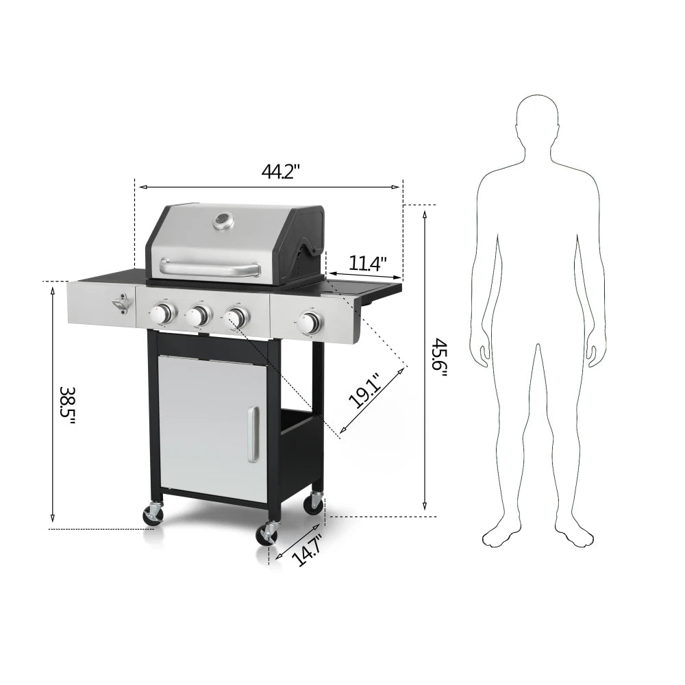 3-Burner Propane Gas BBQ Grill with Side Burner, 37230BTU Output with Enameled Cast Iron Cooking Grids for Outdoor Barbecue BBQ