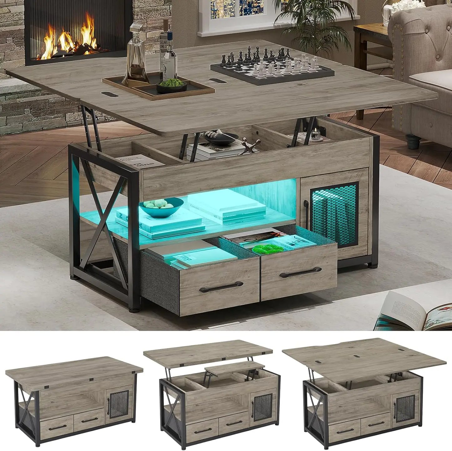 40" Lift Top Coffee Table, 4 in 1 Coffee Tables with Storage Cabinet for Living Room, Small Farmhouse Coffee Table with 2