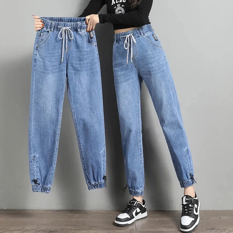 High Waist Denim Harlan Pants Women's Spring Autumn New Loose Elastic waist Jeans Female Loose Student Casual Ankle leng Pants