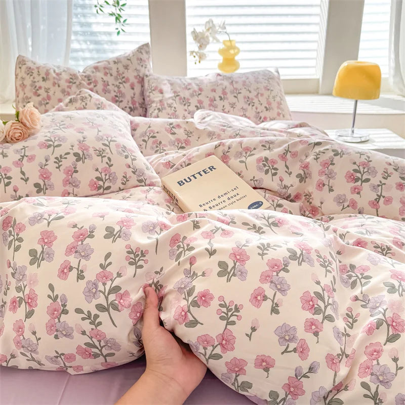 Pink Floral Printed Duvet Cover with Pillowcase Single/Queen/King Duvet Cover Sets Super Soft Bedding Sets for Double Beds