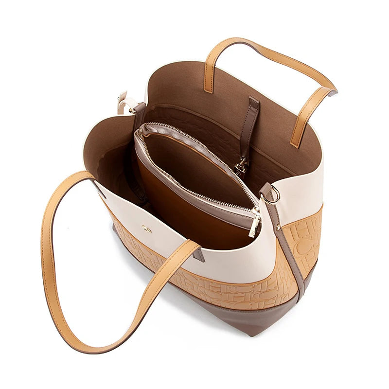 CH Versatile Trend Tote Bag Leather Solid Color Splicing Large Capacity Crossbody Bag Simple Fresh Style Commuting Shoulder Bag