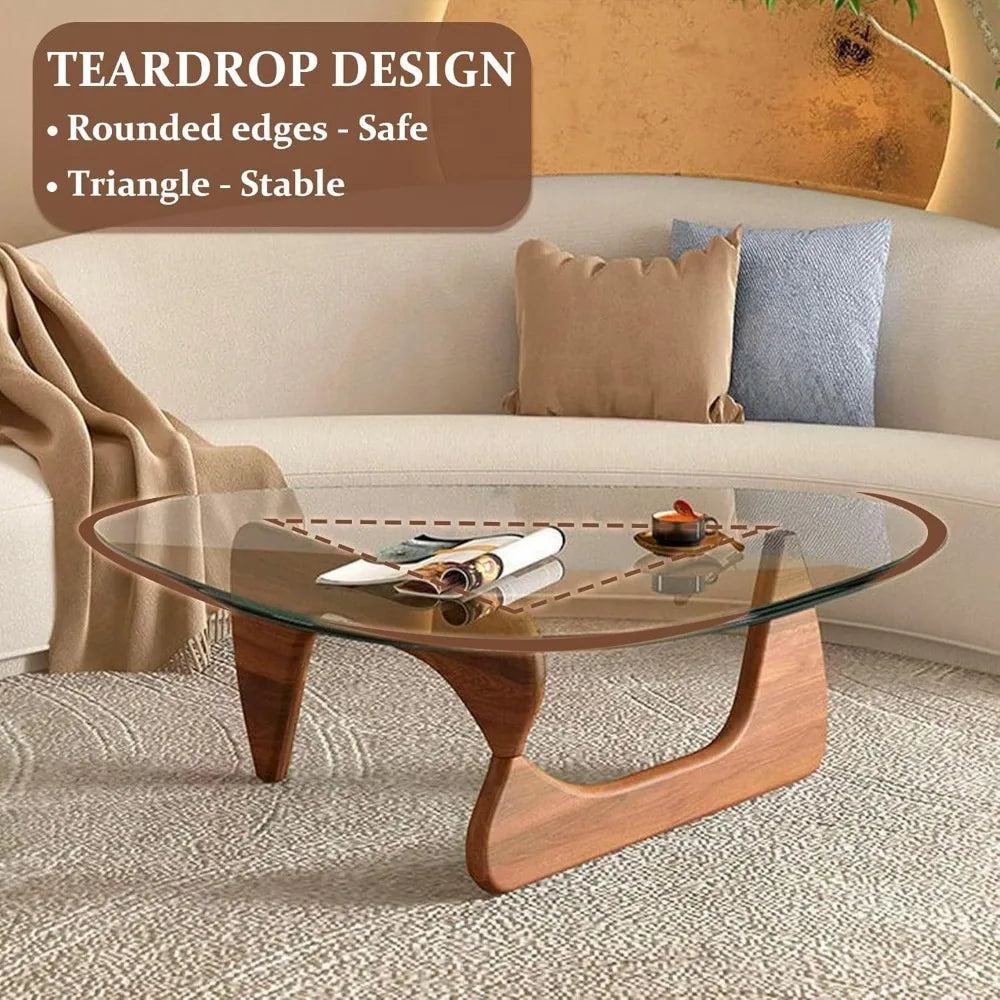 Coffee Tables  - Triangle Glass Coffee Table with Wooden Base Mid-Century Modern Abstract End Table for Study Room Office Hotel