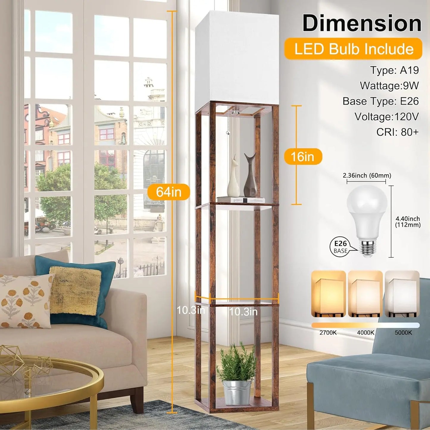 Floor Lamp with Shelves for Living Room Brown, Shelf Floor Lamp with 3 CCT LED Bulb