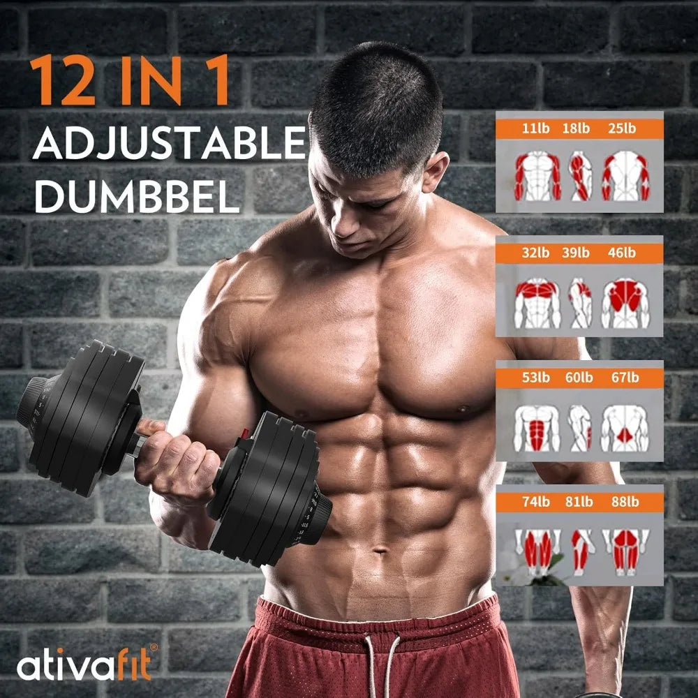 27.5 LBS/66LBS/88LBS Adjustable Dumbbell Set with Anti-slip Handle 12 in 1 Quick Dial Adjustment Weights with Safety Locking