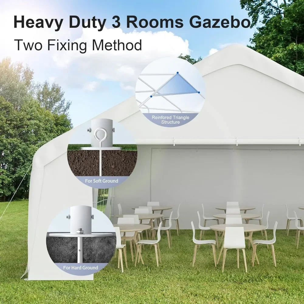 Gazebo Canopy Tent for Parties Heavy Duty 20'x20' Car Tent Metal Carport Portable Garage With Removable Sidewalls White Pergola