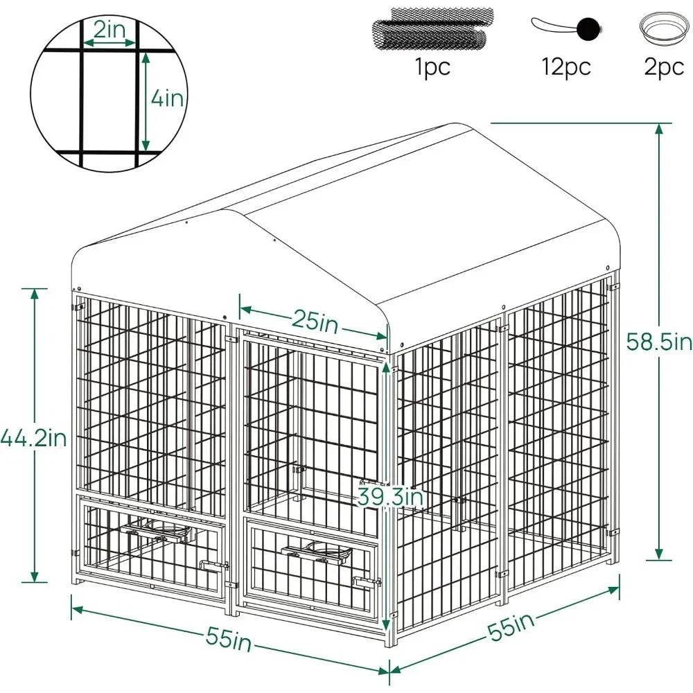 Dog Kennel Outdoor with Roof and Rotating Bowl Holders, Large Metal Dog Enclosure, Heavy Duty Dog House Built