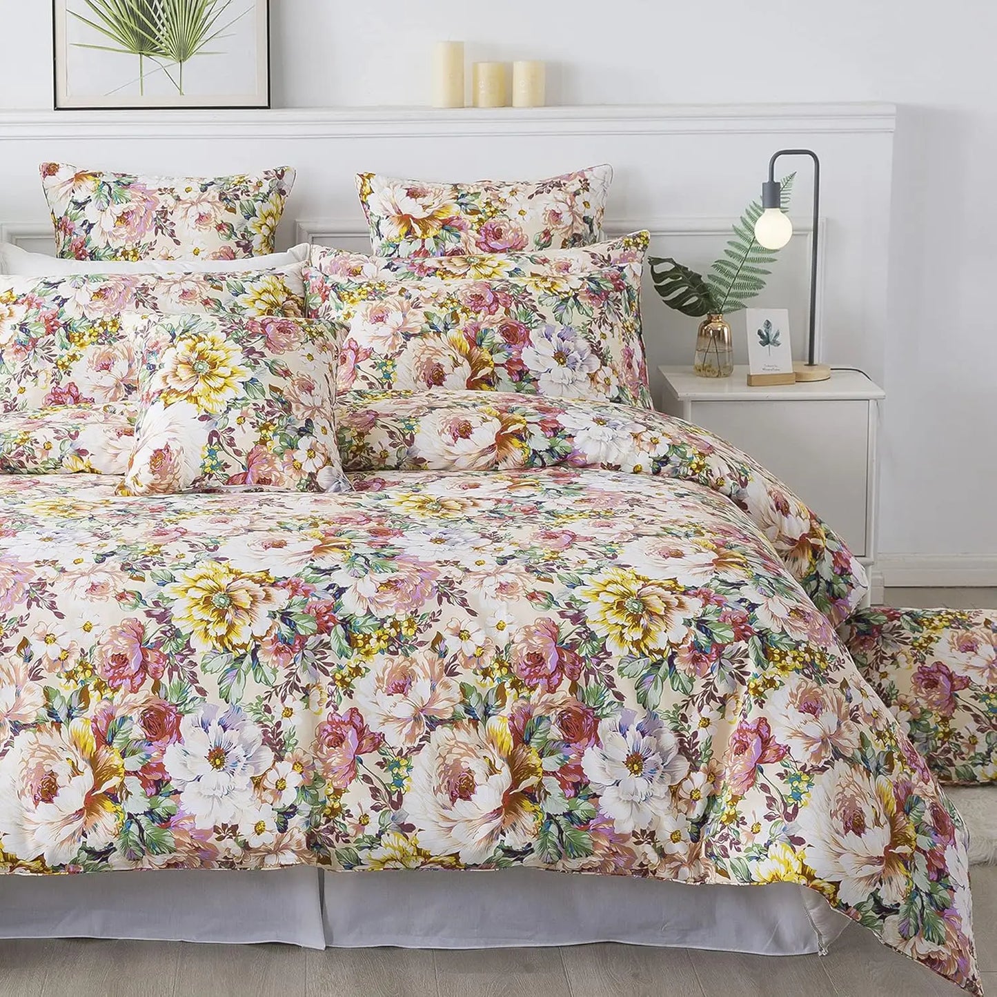 Floral Duvet Cover Queen 100% Cotton Blue Green Farmhouse Bedding Super Soft Reversible Striped Country Bed Purple Hydrangea