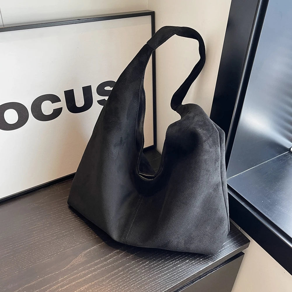 Women Suede Shoulder Bag with Pocket Underarm Bag Trendy Hobo Bag Slouchy Bag for Work Travel Shopping