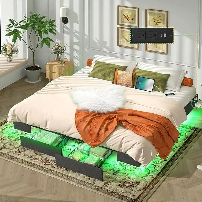 Floating Bed Frame with Storage Drawers & LED Lights, Upholstered Platform Metal Bed Frame with Charging Station, Easy Assembly