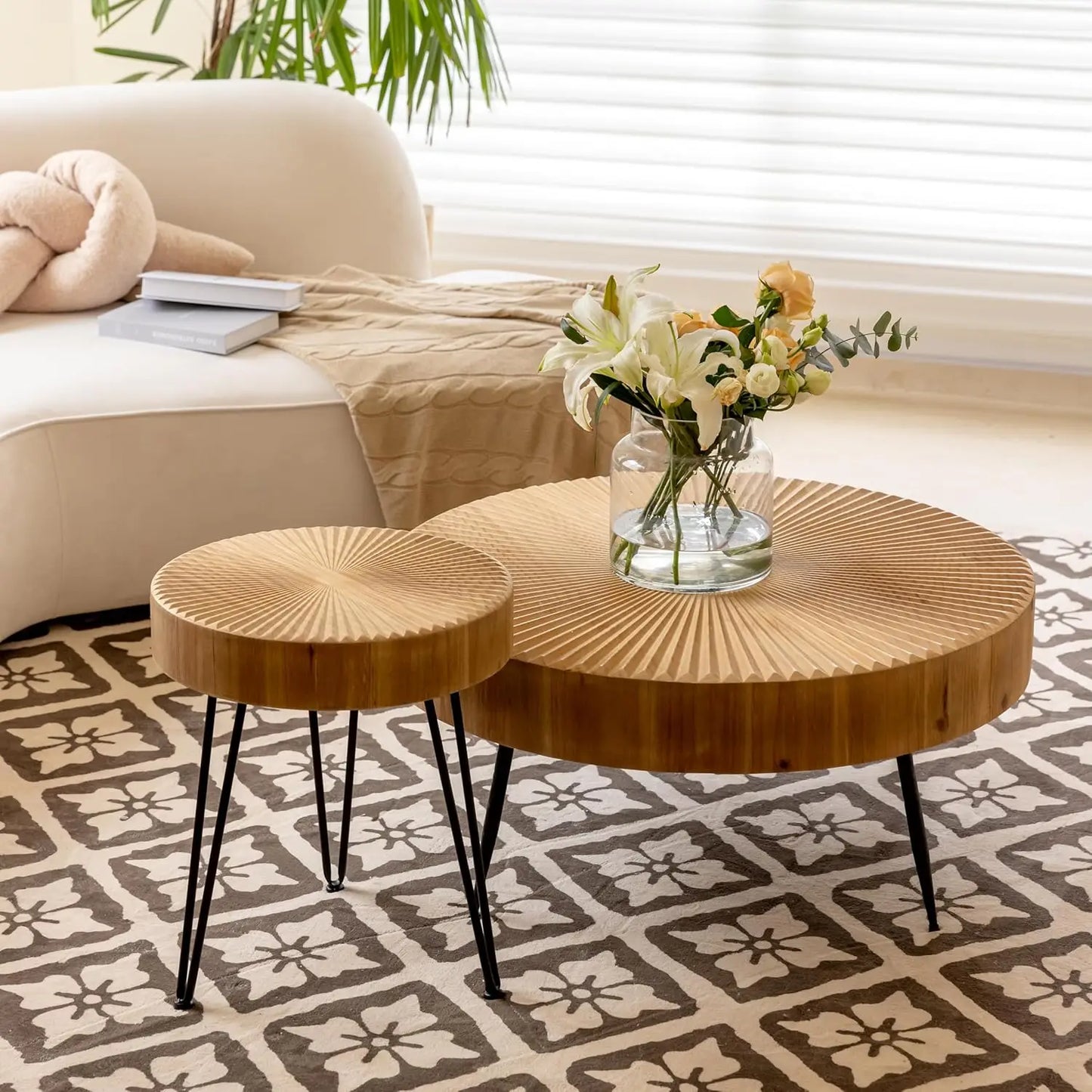2-Piece Modern Farmhouse Coffee, Nesting Round Natural Finish with Handcrafted Wood Radial Pattern living room table sets,