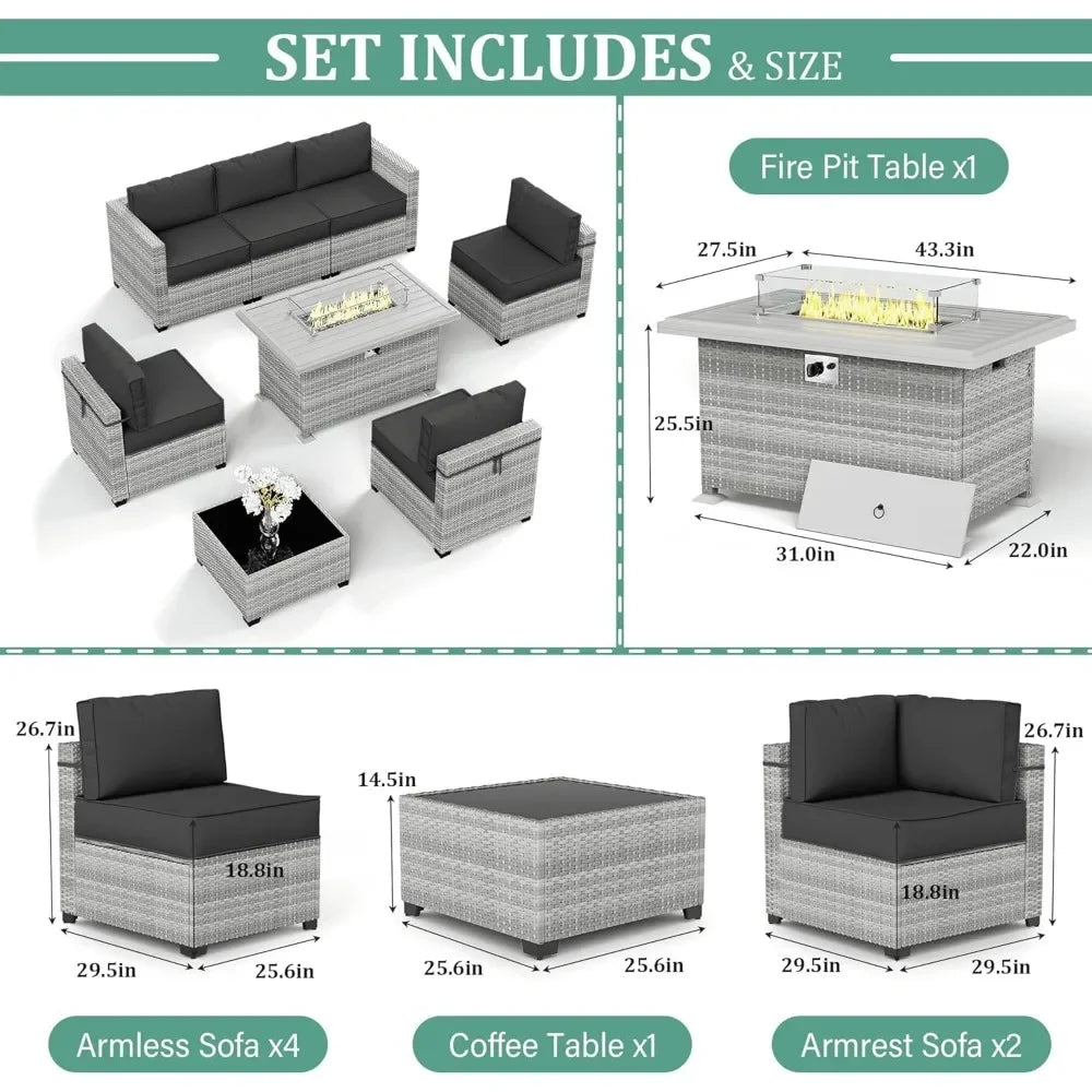 8-Piece Patio Furniture Set With Fire Pit Table, Seat Cushions Light Grey Outdoor Modular Wicker Conversation Set