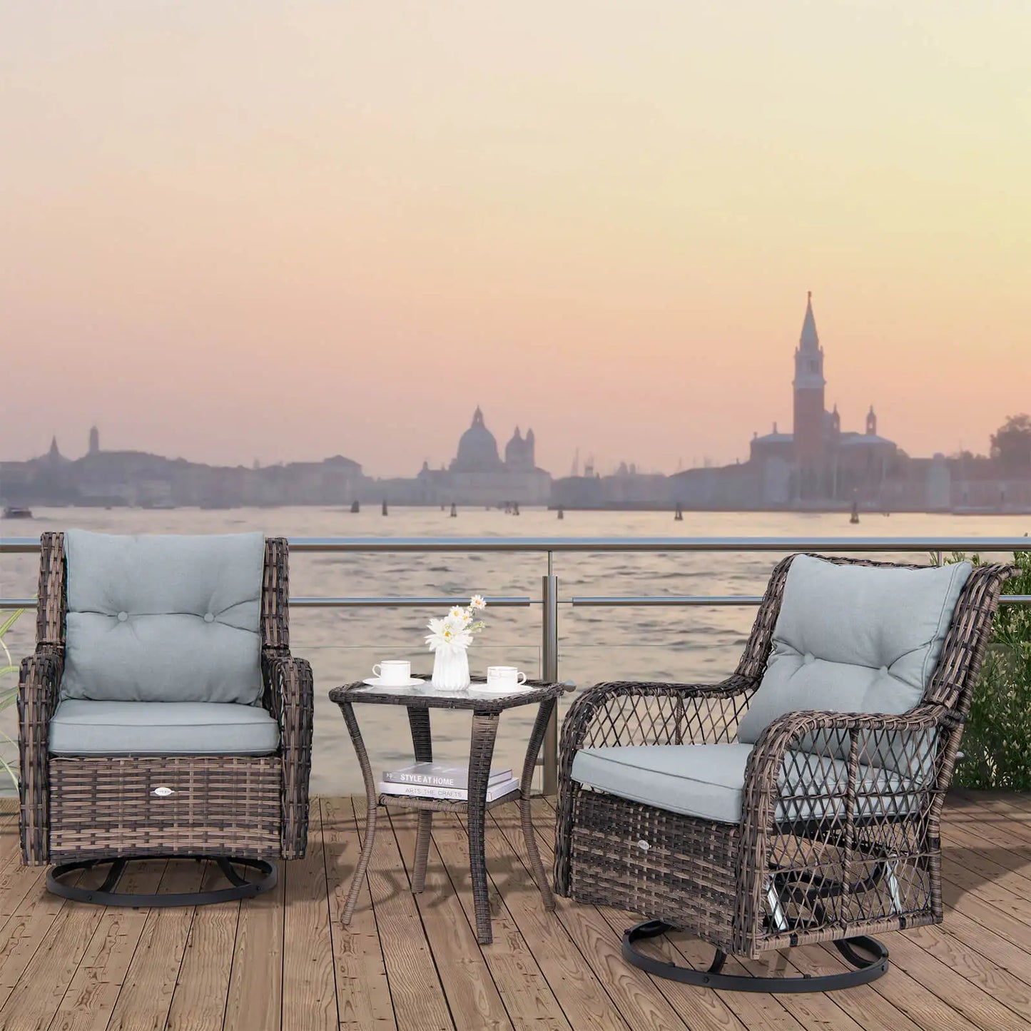 3 PCS Patio Furniture Set Rocking Chairs Set of 2 with Glass Top Side Table