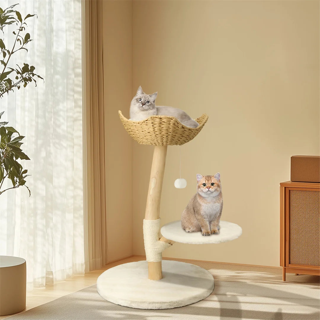 Modern Solid Wood Cat Tree Kitten Scratching Tree Activity Tower Center with Rest Dangling Toy Ball Sisal Scratching Post