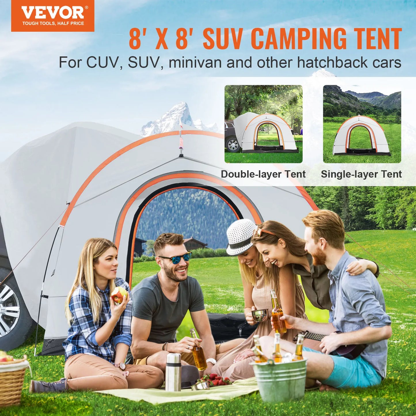 VEVOR Outdoor Camping Tent 8"-8" SUV Tent w/Rain Layer PU2000mm Double Layer Camping Tent Fit 6-8 Person for Van Hatch Tailgate