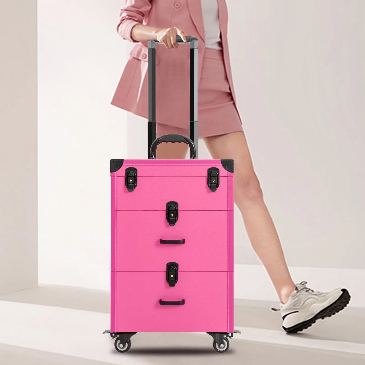 Rolling Makeup Case Large Storage Cosmetic Trolley with Swivel Wheels & 4 Locks 3 Layer Rolling Makeup Case Cosmetic Storage