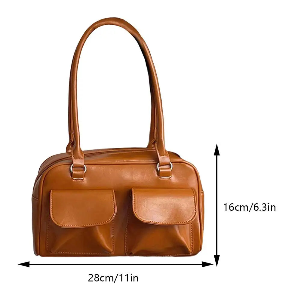 Retro Women's Satchel Hobo Bag PU Leather Shopping Bag Fashion Solid Designer Armpit Bag Casual Double Pocket Hand Underarm Bag