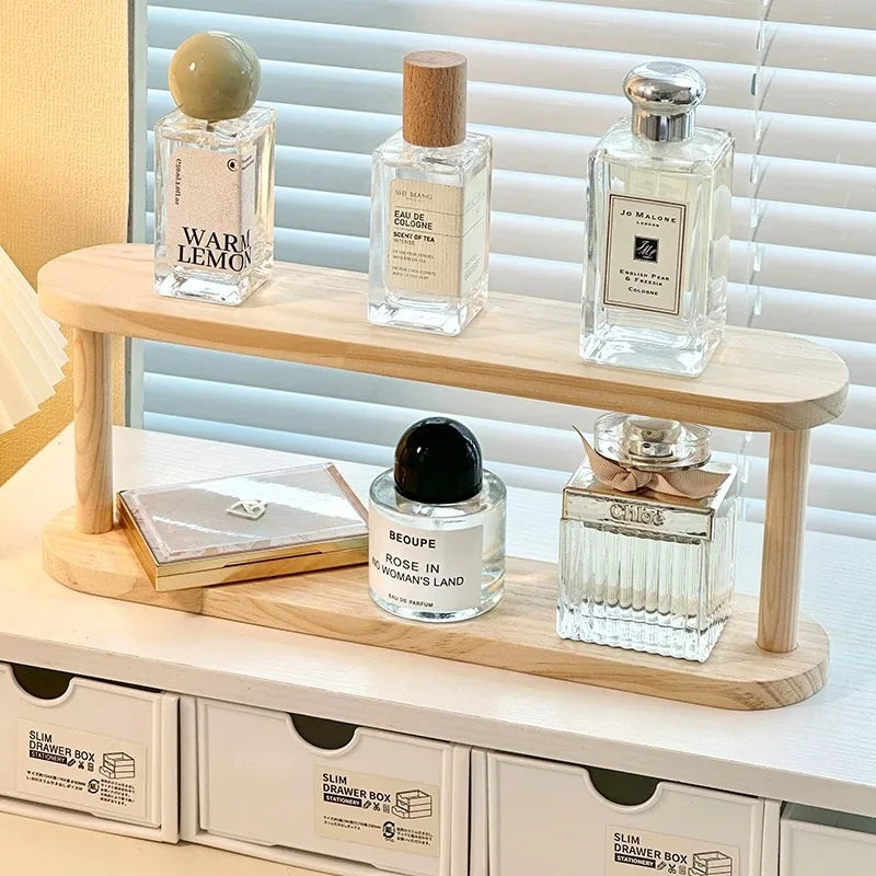 Wooden Storage Shelf 2-Tiers Desktop Organizer Shelves Desk Perfume Display Rack Desktop Dressing Table Cosmetics Storage Rack