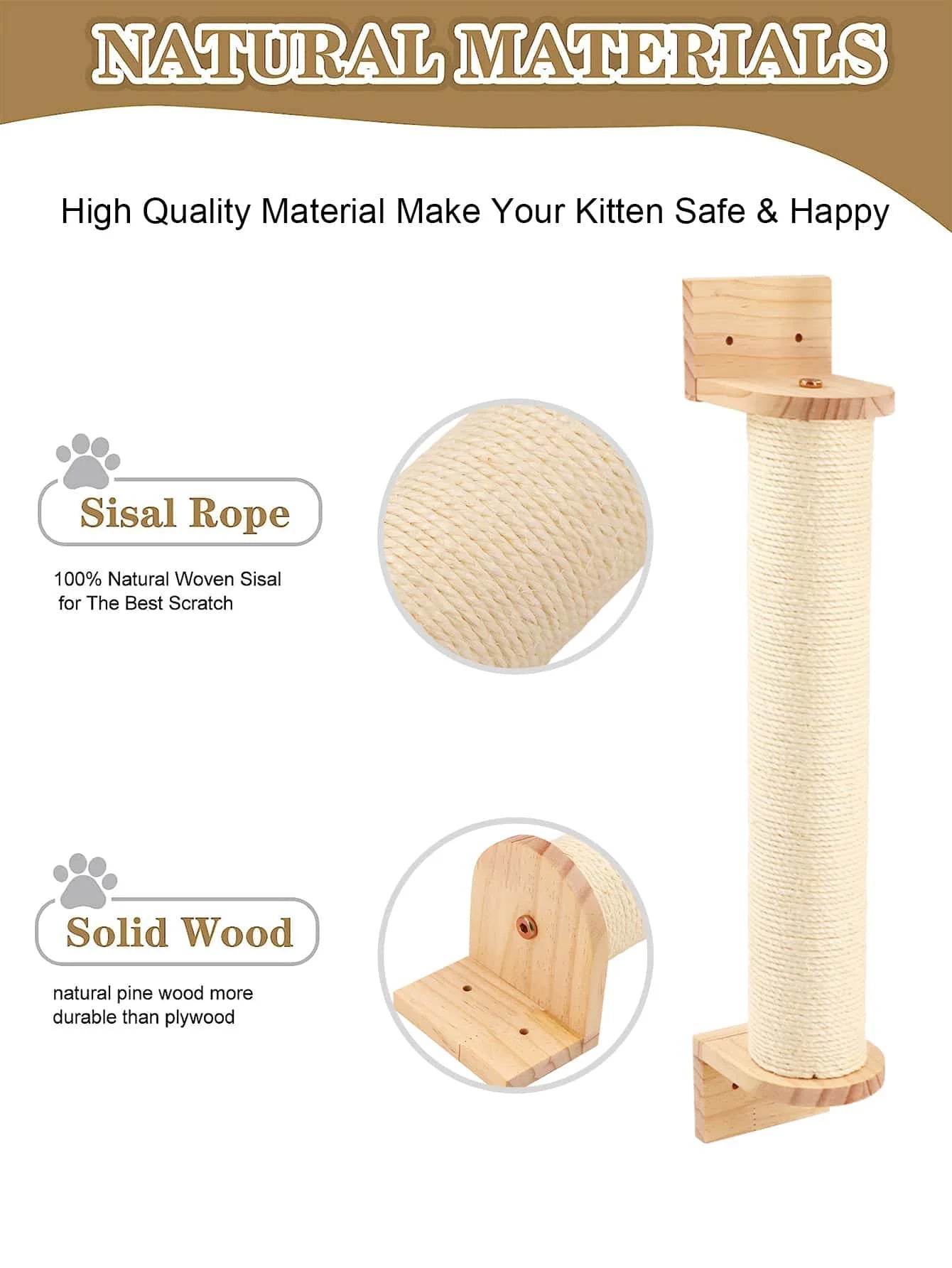 Cat Scratching Post Wall Furniture Wood Wall Mounted Kitten Scratcher Tree for Large Cats Thicker Columns for Multi-Functions