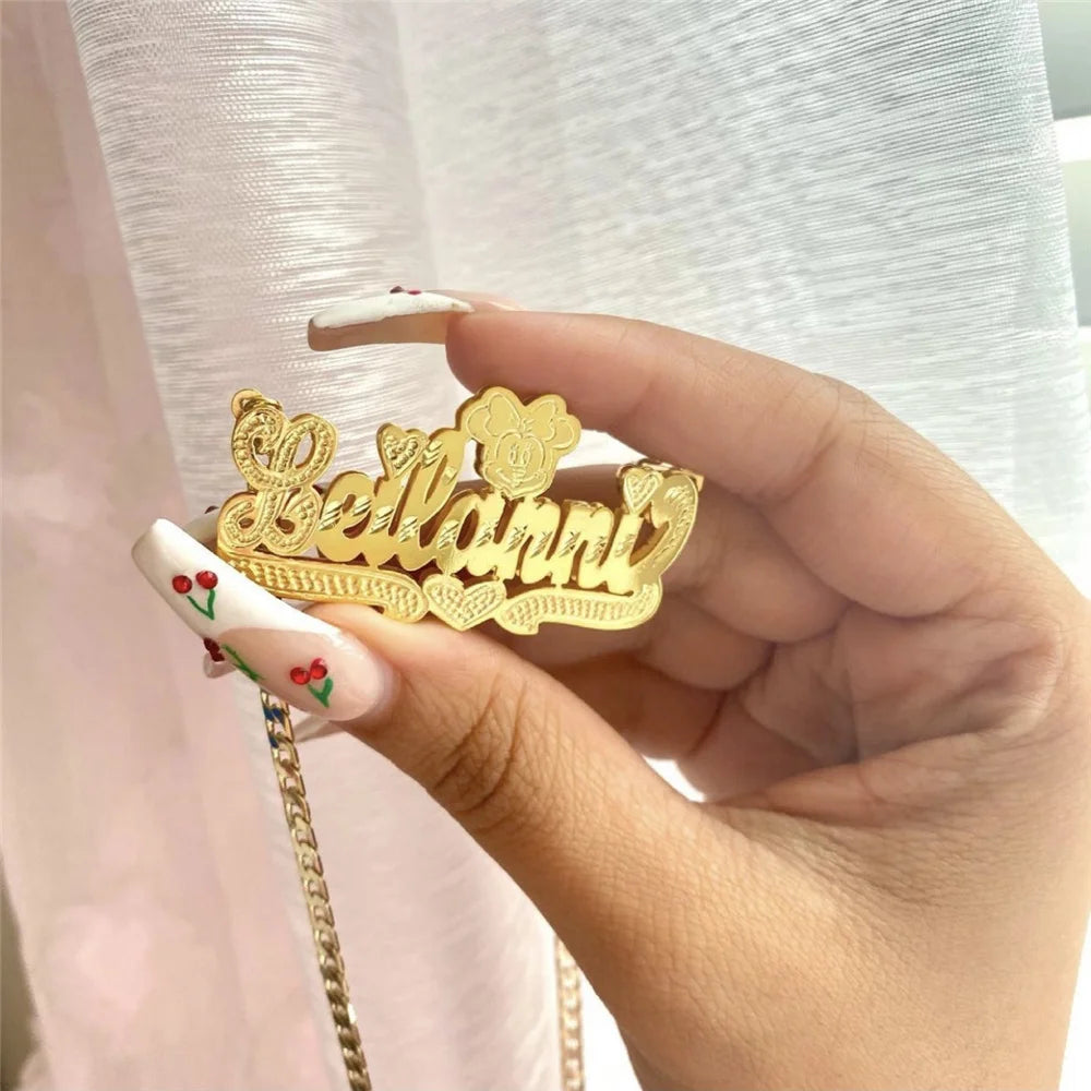 18K Gold Plated Nameplate Necklace Personalized Double Layer 3D Necklaces With Heart Customized Name Stainless Steel Jewelry