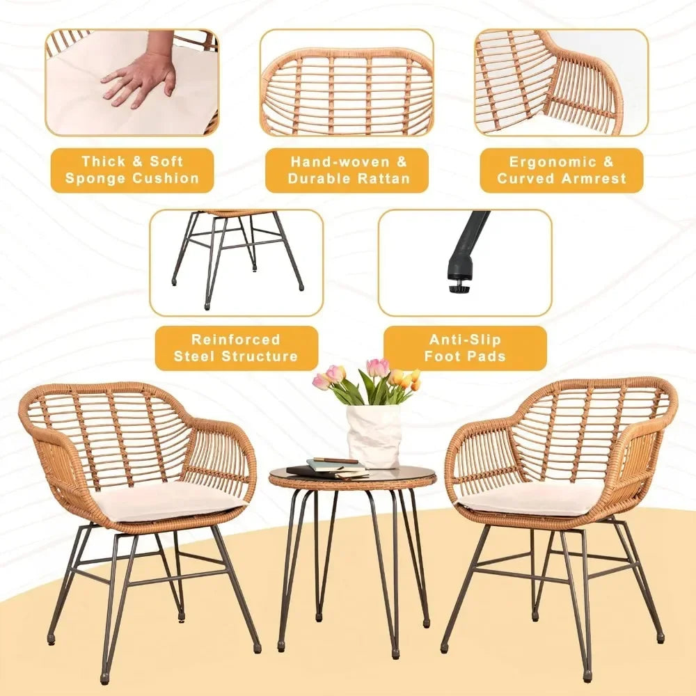 3 Piece Outdoor Wicker Furniture Patio Bistro Set Balcony Furniture Rattan Conversation Sets With Cushions Tools Beige Gazebo