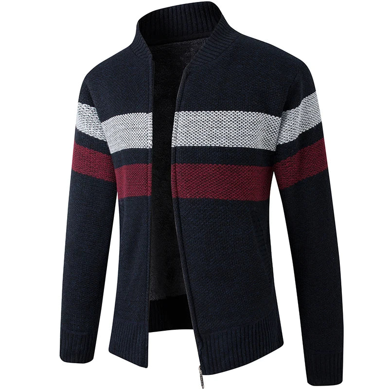 New Fashion Striped Knitted Cardigan Men Winter Fleece Warm Sweater Jacket Mens Daily Casual Knitting Sweater Men Slim Cardigans