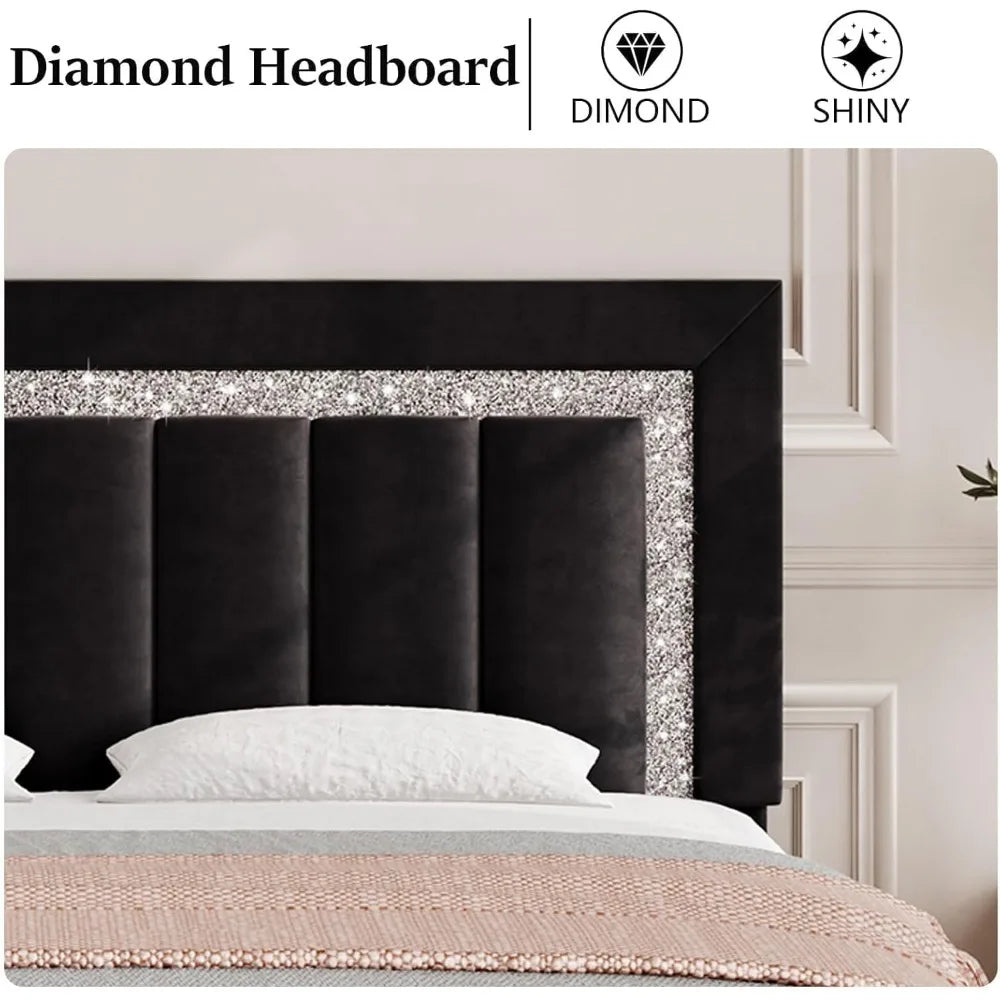 Twin Bed Frame,Upholstered Bed Frame with Diamond Headboard and Footboard for Girls, Velvet Vertical Channel Tufted Headboard