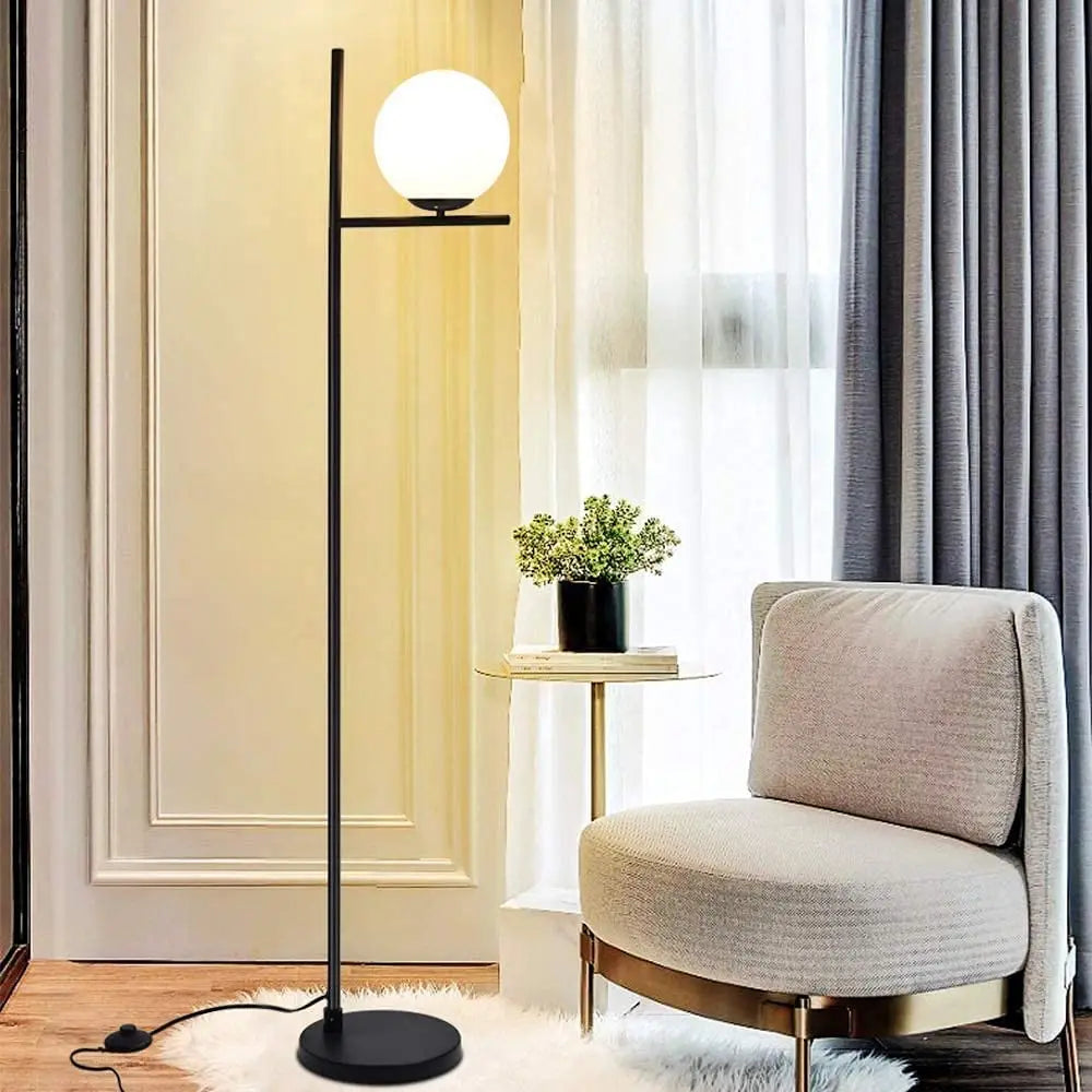 Depuley Modern Frosted Glass Globe LED Floor Lamp Pole Standing Lamp for Bedroom Living Room Energy Saving Luminaire Black 9W