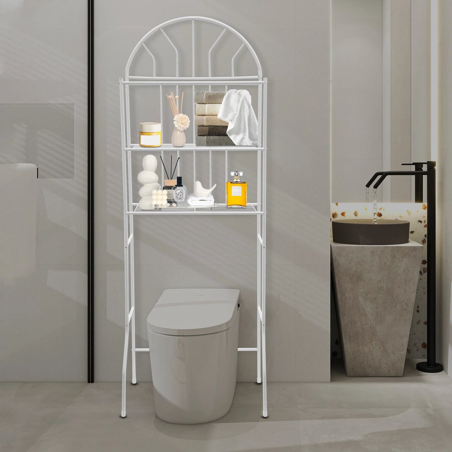 Bymaocar Modern White Three-layer Toilet Storage Rack Floor Standing W/ Non-slip Bottom For Bathrooms Balconies, Entrance Halls