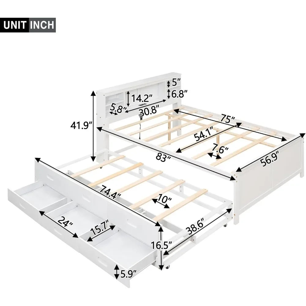 Full Storage Bed With Bookcase Headboard Wood Platform Bed Frames for Kids Teens Adults - White Bedroom Furniture Queen Frame