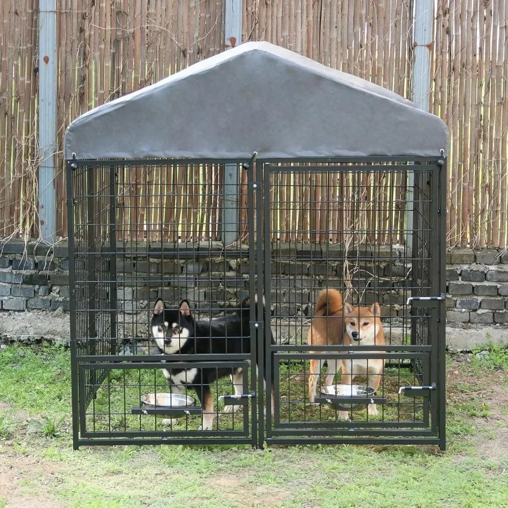 Dog Kennel Outdoor with Roof and Rotating Bowl Holders, Large Metal Dog Enclosure, Heavy Duty Dog House Built