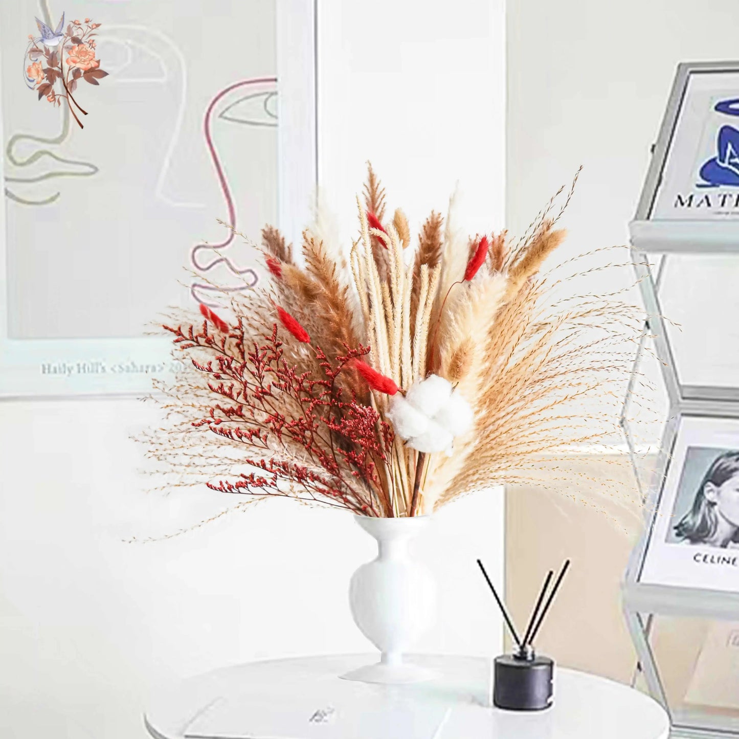 Natural Pampas Grass Bouquet Red Dried Flowers Decor Wedding Floral Arrangement Cotton Reeds DIY Home Bedroom Vase Decoration