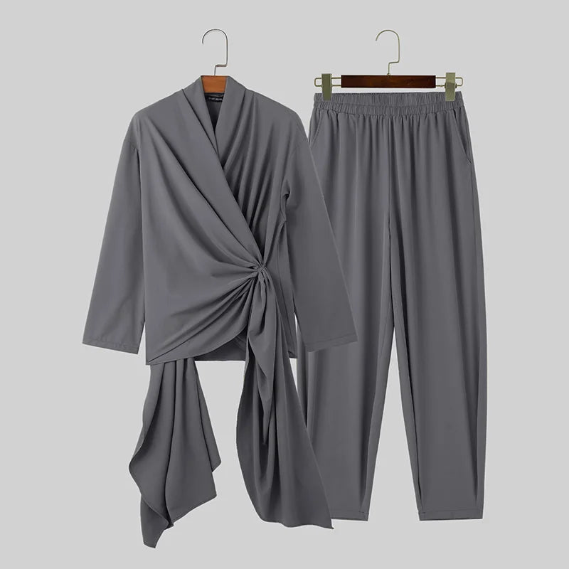 INCERUN 2024 Korean Style Men Simple Elegant Sets Leisure Irregular Solid Long Sleeved Tops Pants Streetwear Suit 2 Pieces S-5XL