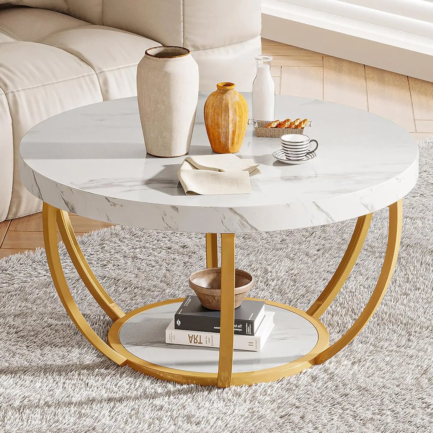 Round Coffee Table, 31.7" Wooden 2-Tier Circle Coffee Table with Storage Shelves, Modern Accent Cocktail Table Center Table