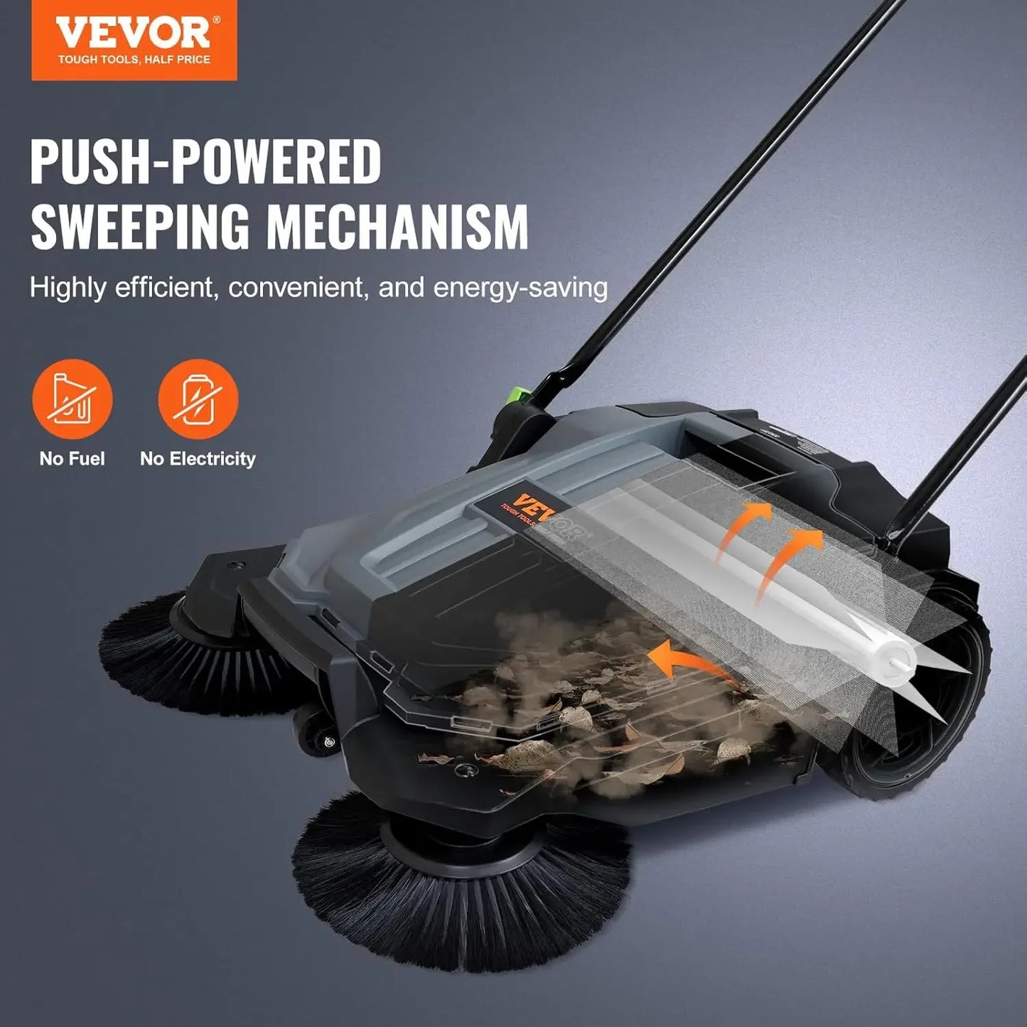 25.6" Sweeping Width Floor Sweeper Manual Non-Electric 5-Gallon Waste Container, Angle & Height Adjustable Folding Handle