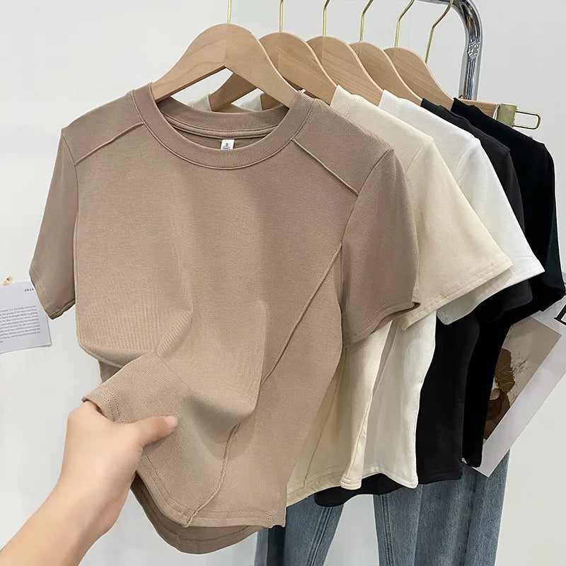 Solid color round Tops neck short sleeved slim fit T-shirt for women 2025 summer new western-style short shoulder shirt T-Shirt