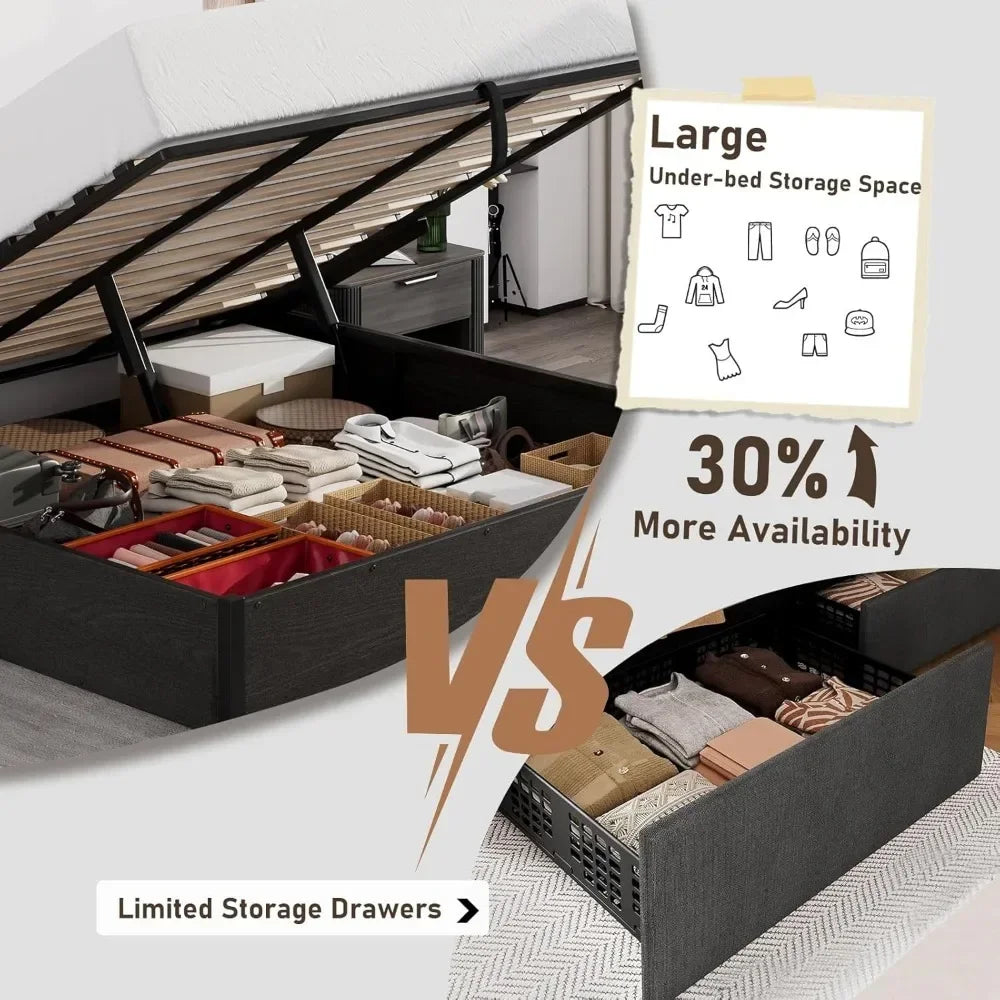 Bed Frame Queen Size Lift Up Storage Platform , Metal Bed Frame Wooden Slats Support, No Box Spring Needed, Large Storage Space