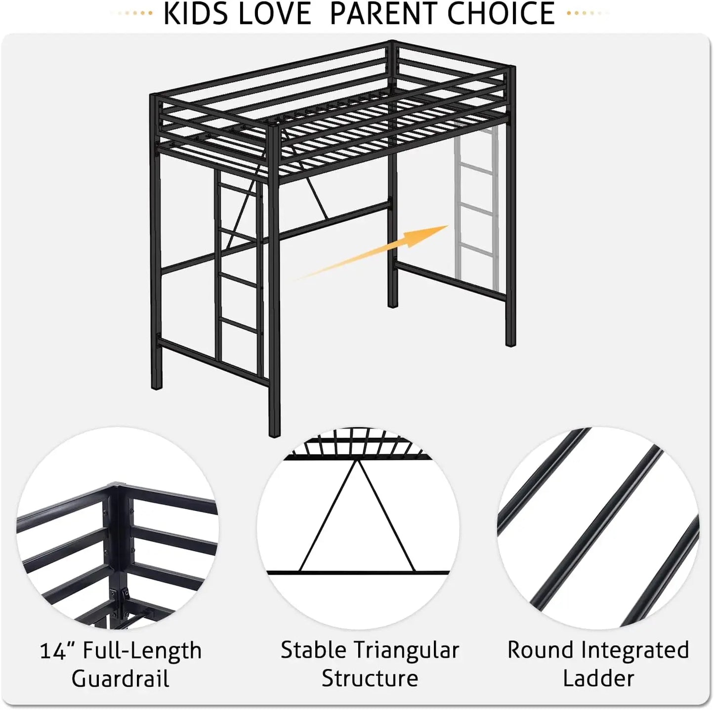 Junior Loft Bed Twin Size, Heavy Duty Twin Bed Frame with Full-Length Guardrail & Removable Stairs, Noise-Free, Space-Saving