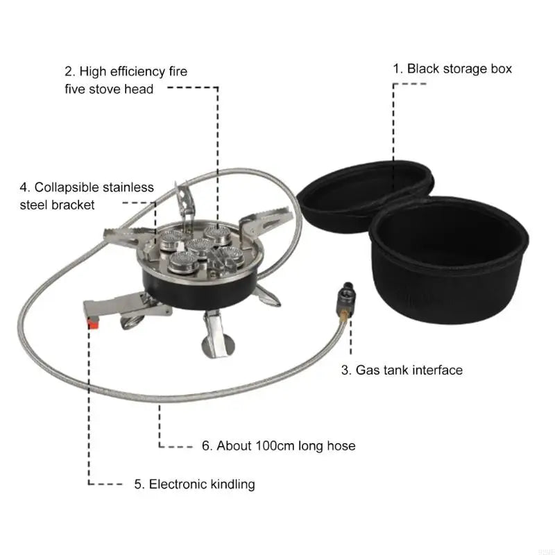 92ME Folded Stainless Steel 5 Head Cooker Hiking Garden Grills Side Burners Stove for Picnics and Family Gatherings