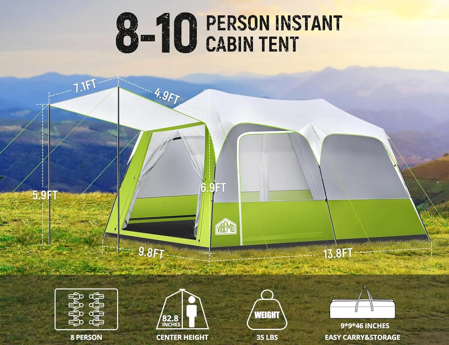 Person Camping Tent, Pop-Up Family Tent for Instant Easy Setup, Spacious Interior, Includes, Room Divider